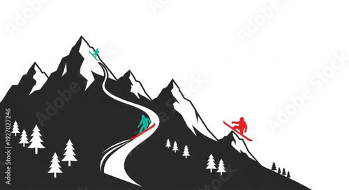 Skiers descend mountain slope with winding trail and trees in winter landscape
