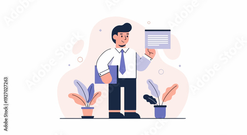 Animated man in a suit presents a document next to potted plants