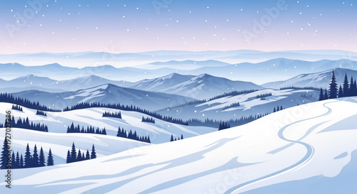 Snowy mountain landscape with rolling hills evergreen trees and serene snowy trails under a starry night sky with distant mountains