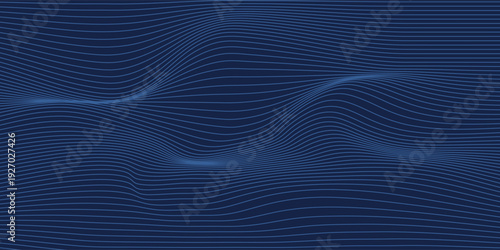 Navy blue abstract background with halftone wavy smooth pattern. Small spot light box. Curve line, cosmic galaxy space. Festive BG for social media, birthday party invitation