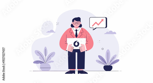 A person in a suit holds a sign with an upward trending graph; a speech bubble shows growth