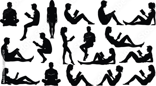 People reading book silhouettes collection with men and women sitting standing and lying poses, black relaxed human learning figures isolated on white