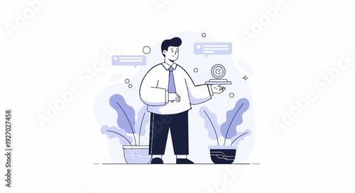 A man in formal attire holds a tray with a clock icon, surrounded by plants and chat bubbles