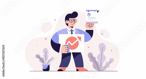 Stylized man in suit holding chart and document with plants in background