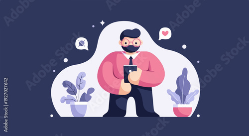 Person wearing mask and glasses, engrossed in a phone, surrounded by plants and chat bubbles