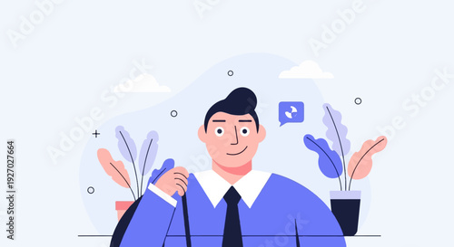 A cheerful person in a suit, with plants and clouds in a light blue background