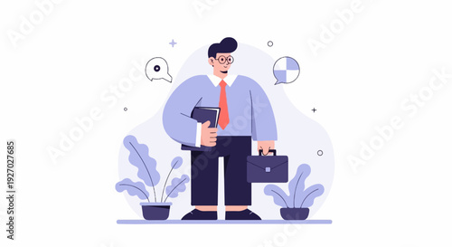 A stylized man with glasses, red tie, and suit holds a briefcase and notebook