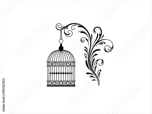 Black silhouette of ornate birdcage hanging from swirling floral curves, symbolizing freedom, beauty, and vintage charm, suitable for art prints 