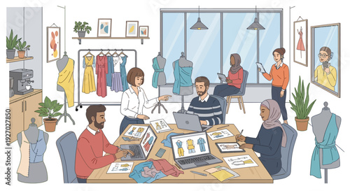 Diverse team collaborating on fashion design project in studio.