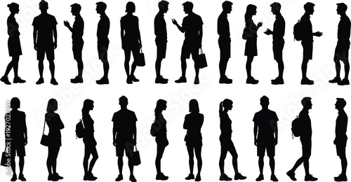 People silhouette collection with men and women standing and talking, casual poses, social interaction, communication and lifestyle concepts