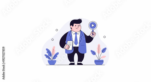 Cartoon man in suit holding paper and play button with plants