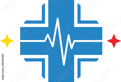 Medical cross with heartbeat pulse line healthcare emergency hospital symbol flat vector illustration isolated on white background