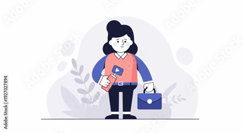 Person in a vest holding a camera and a briefcase, with abstract background elements