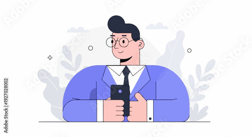 A smiling person in a suit with glasses holds a phone, with abstract plants in the background