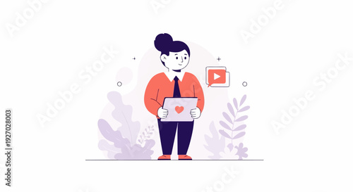 A cartoon person holds a tablet displaying a heart, with a play button icon above