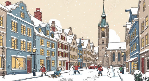 Snowy european town street with people church and buildings in winter