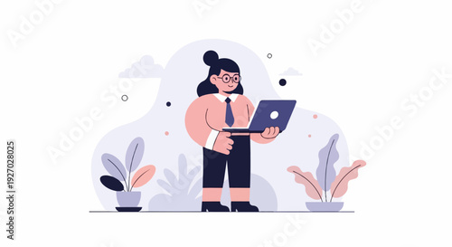 A person in business attire holds a laptop while standing among stylized plants and abstract shapes