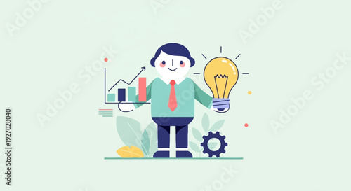 A stylized businessman holds a bright idea bulb, with growth charts and gears