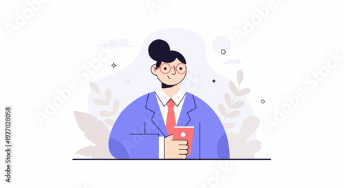 Stylized cartoon illustration of a woman in a suit holding a cup