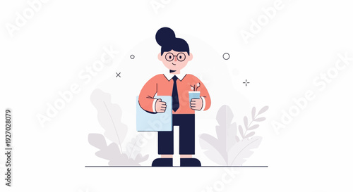 Cheerful person in business attire holding a laptop and coffee cup with abstract background elements