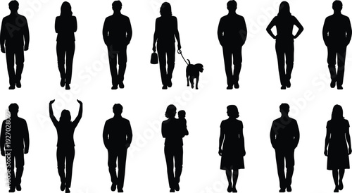 People silhouette collection with men and women walking and standing, daily life scenes including dog walking and parenting lifestyle concepts