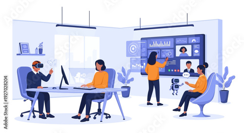 Diverse team collaborating in modern office using technology.