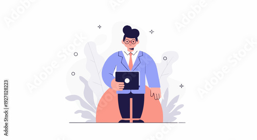 Stylized person in a suit with a laptop, surrounded by abstract plants and sparkles