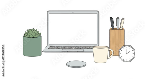 Minimalist Desk Setup with Laptop and Plant Illustration.