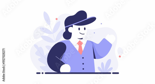 A smiling character in a hat, suit, and tie waves hello against a backdrop of abstract plants