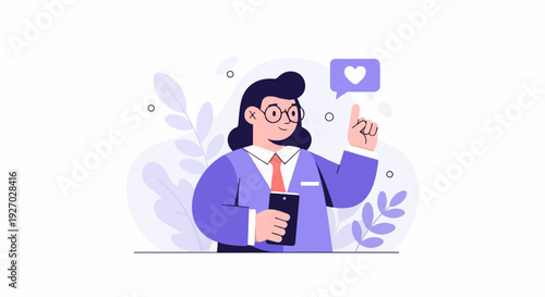 Person with glasses and tie, holding phone, pointing up to a heart icon