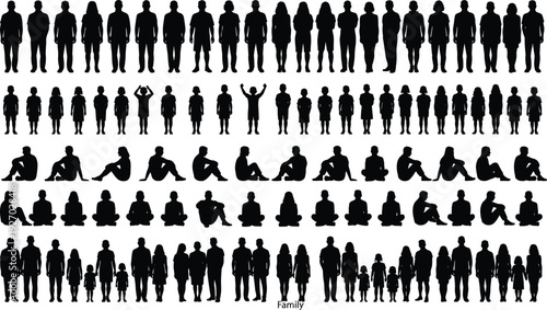 People silhouettes collection showing adults children families standing and sitting poses, black human figures set isolated on white background