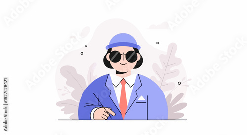 Stylized figure wearing a hat, sunglasses, and suit, with a tie