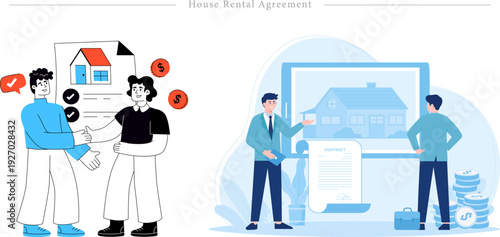 House Rental Agreement With Landlord And Tenant Shaking Hands And Digital Property Listing