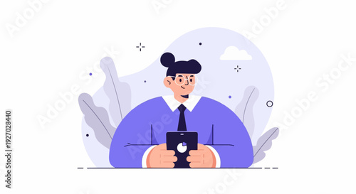 Animated professional in blue suit, holding smartphone, surrounded by abstract foliage and decorative elements