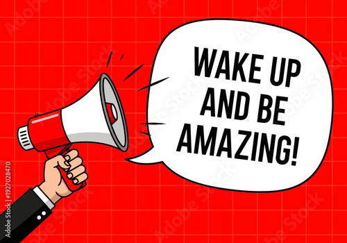 Wake up and be amazing motivational quote on red grid background