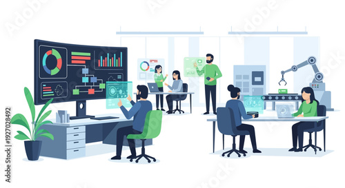 Diverse team collaborating in modern office with advanced technology.