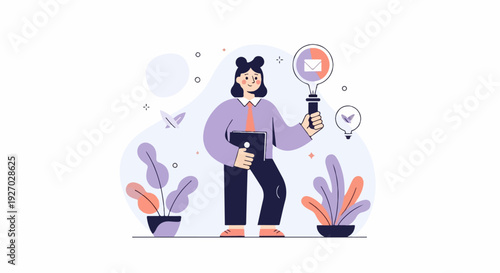 Person with magnifying glass and tablet amidst stylized plants and abstract shapes