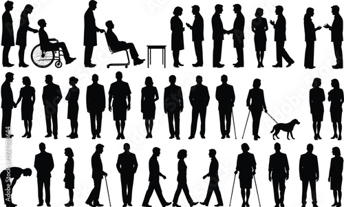 People silhouettes collection with healthcare, business interaction and daily life scenes, men women seniors wheelchair assistance, modern human figures illustration