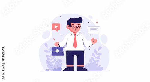 Friendly man in formal attire, carrying a briefcase, stands amidst abstract floral elements