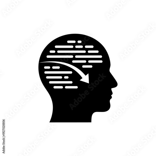 Human Head Silhouette with Abstract Brain Pattern and Downward Arrow