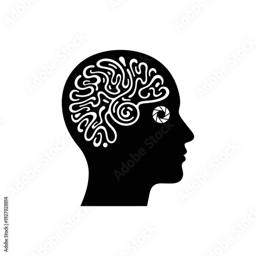 Human Head Silhouette with Brain and Camera Aperture Symbol