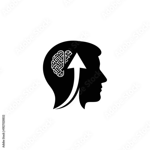 Human Head Silhouette with Brain and Upward Arrow Icon Symbolizing Growth