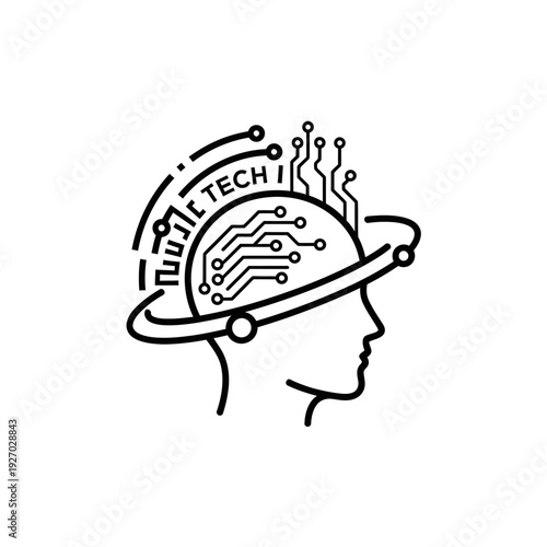 Human Head Silhouette with Circuit Board Brain and Tech Elements