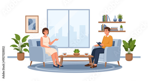 Man and woman in conversation in a living room setting.