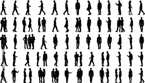 People silhouettes collection with men and women walking standing and talking poses, black human interaction figures isolated on white