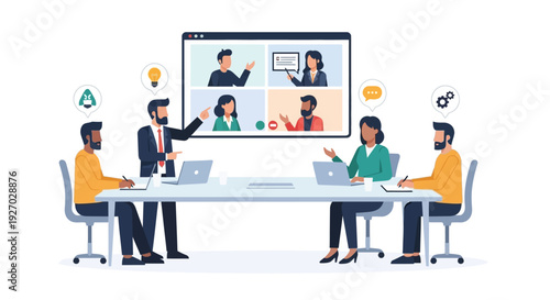 Diverse team collaborating in modern office with video conference.