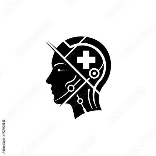 Human Head Silhouette with Circuitry and Medical Cross - AI Healthcare Concept