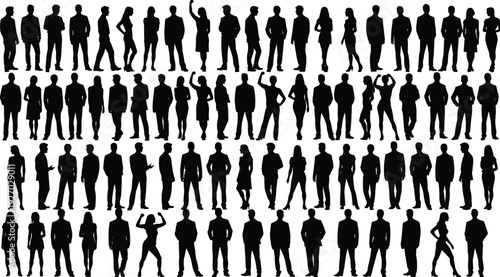 People silhouettes collection with men and women in standing professional poses, black human figures set isolated on white background