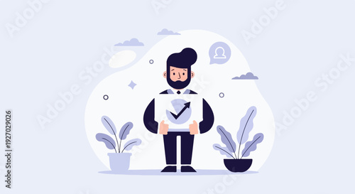 Flat illustration of a bearded man in a suit holding a chart with an upward trend arrow