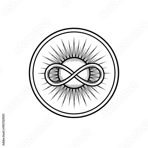 Infinity Symbol with Sunburst in Circle, Esoteric Concept Icon, Black and White